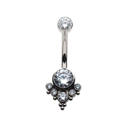 Titanium Internally Threaded with Tri Bead Bezel Set CZ Terraced Cluster Navel Curve