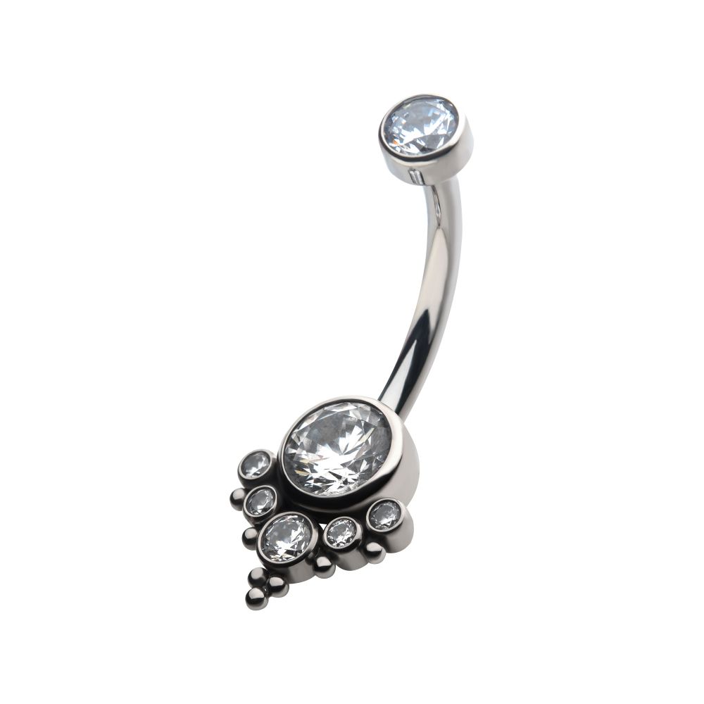 Titanium Internally Threaded with Tri Bead Bezel Set CZ Terraced Cluster Navel Curve