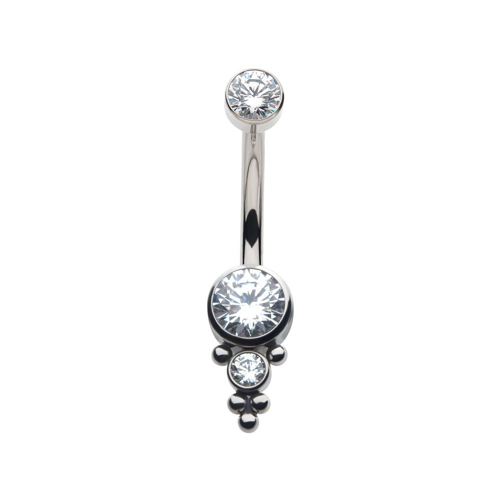 Titanium Internally Threaded with Tri Bead Bezel Set CZ Cluster Navel Curve