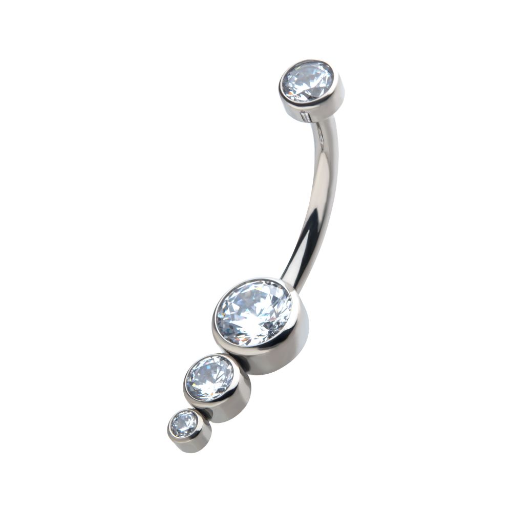Titanium Internally Threaded with Bezel Set CZ 3-Drop Cluster Navel Curve