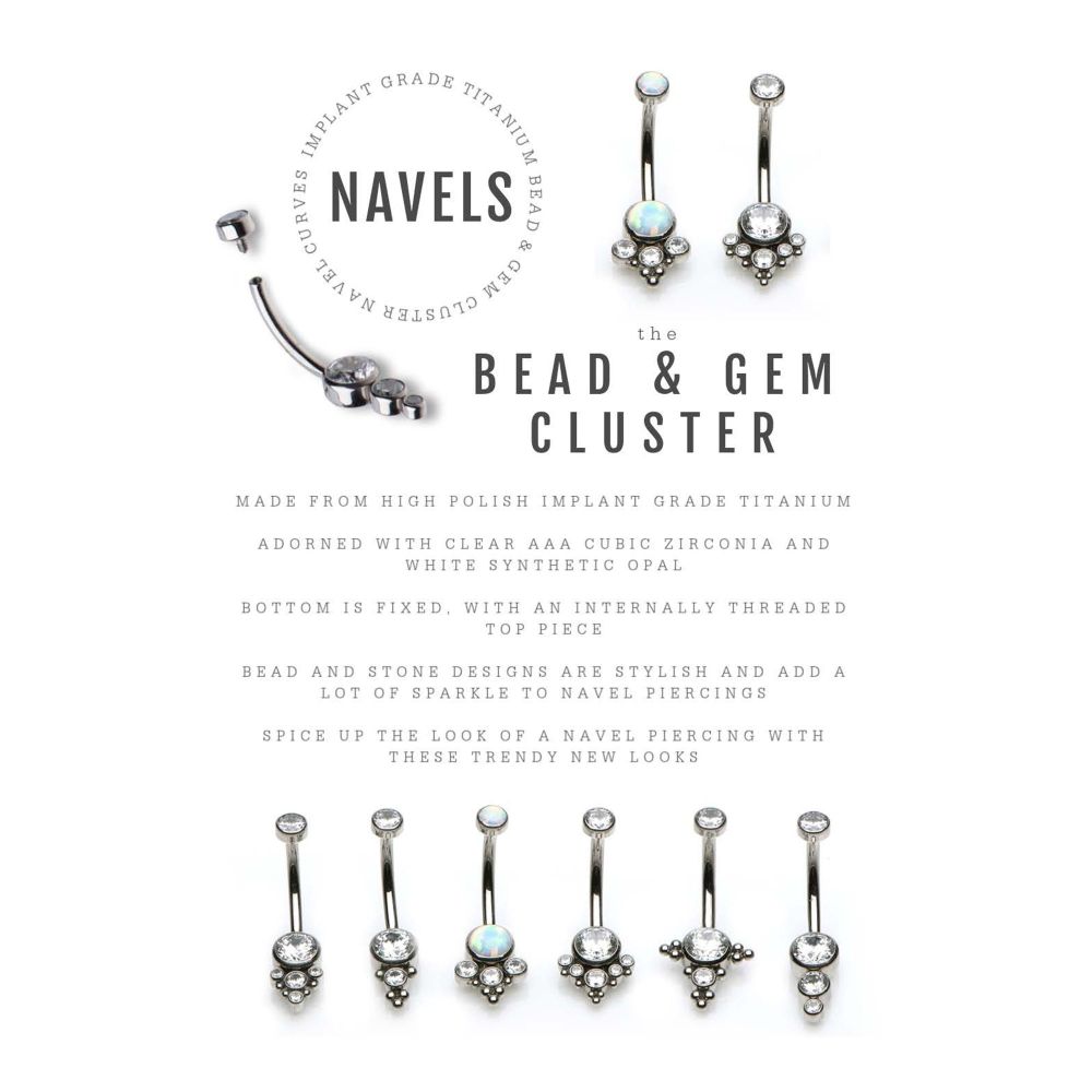 Titanium Internally Threaded with Tri Bead Bezel Set Opal & CZ Terraced Cluster Navel Curve