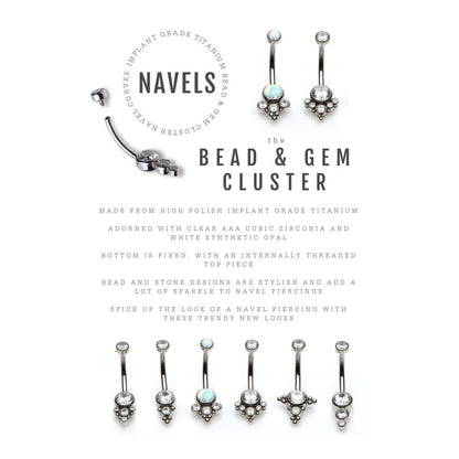 Titanium Internally Threaded with Tri Bead Bezel Set Opal & CZ Terraced Cluster Navel Curve