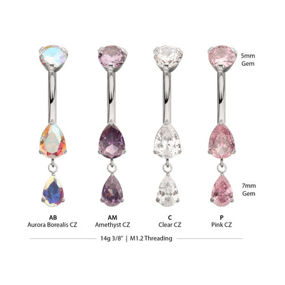 Titanium Internally Threaded Double Dangle Prong Set Teardrop Gem Navel