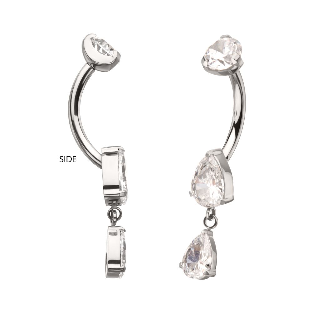Titanium Internally Threaded Double Dangle Prong Set Teardrop Gem Navel