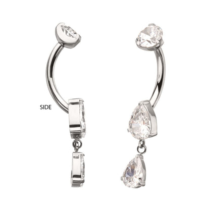 Titanium Internally Threaded Double Dangle Prong Set Teardrop Gem Navel