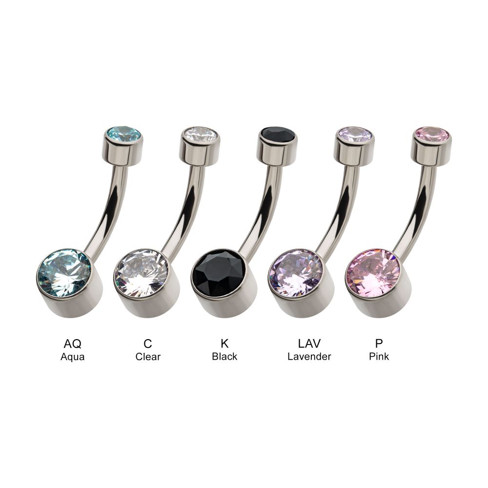 Titanium Internally Threaded with Flat Back Round Bezel Set Double CZ Navel Curves