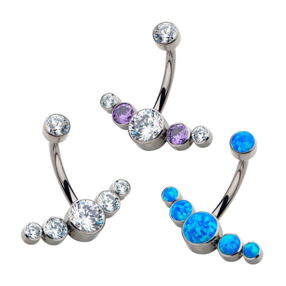 Titanium Internally Threaded with 5 Bezel Set CZ/Synthetic Opal Cluster Fixed Navel