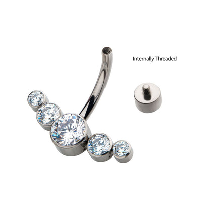 Titanium Internally Threaded with 5 Bezel Set CZ/Synthetic Opal Cluster Fixed Navel