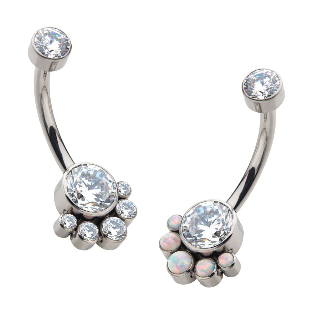 Titanium Internally Threaded with 5 Bezel Set Round CZ/Synthetic Opal Terraced Cluster Fixed Navel