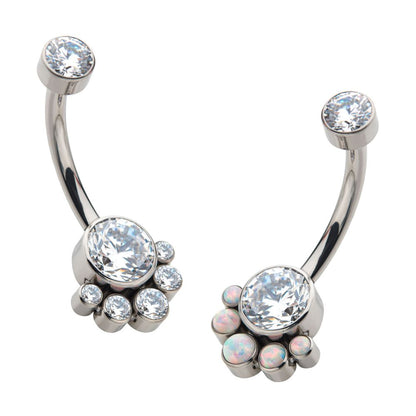 Titanium Internally Threaded with 5 Bezel Set Round CZ/Synthetic Opal Terraced Cluster Fixed Navel