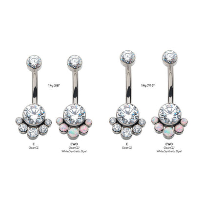 Titanium Internally Threaded with 5 Bezel Set Round CZ/Synthetic Opal Terraced Cluster Fixed Navel