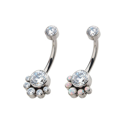 Titanium Internally Threaded with 5 Bezel Set Round CZ/Synthetic Opal Terraced Cluster Fixed Navel