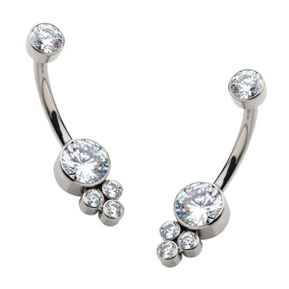 Titanium Internally Threaded with 3 Bezel Set Round Clear CZ Cluster Fixed Navel