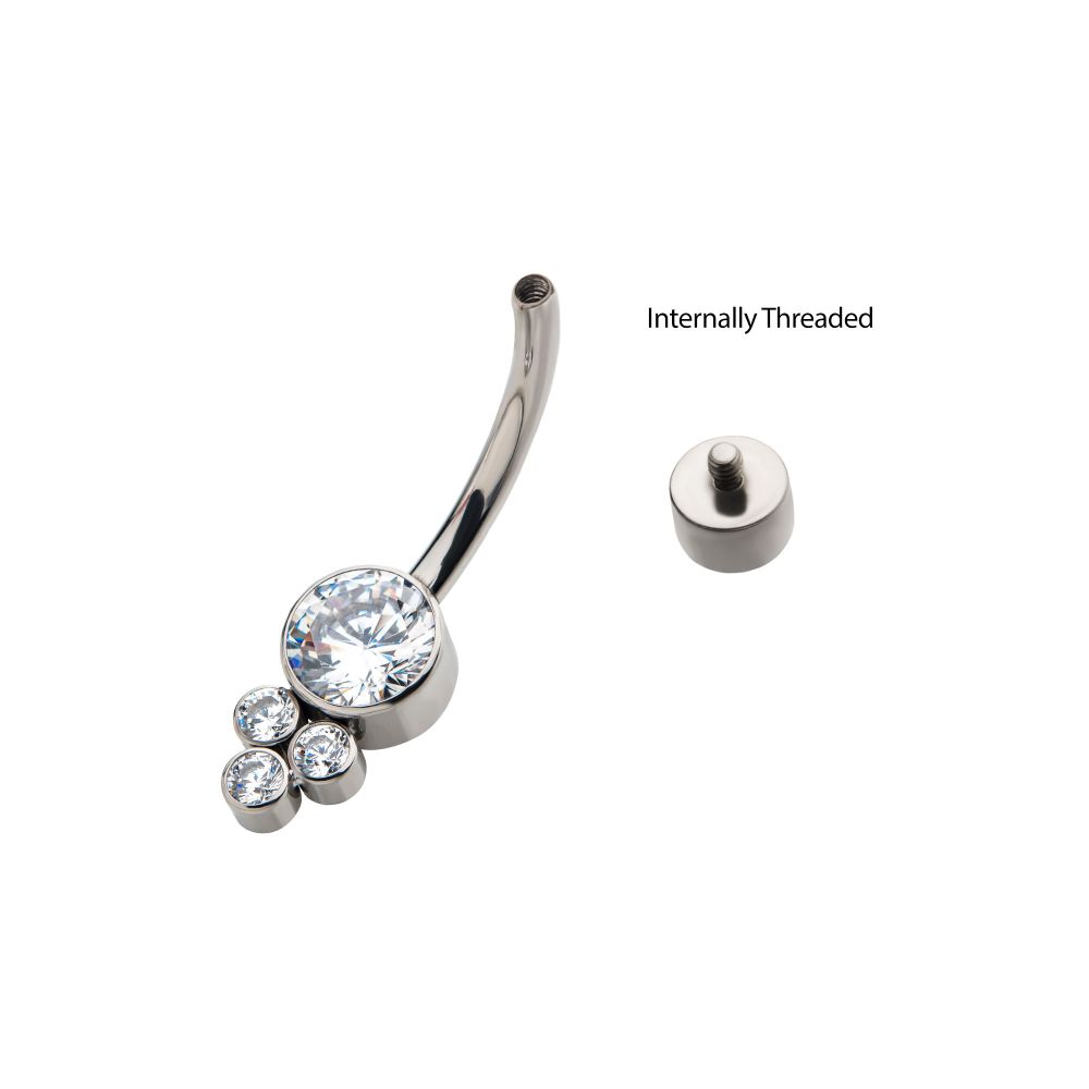 Titanium Internally Threaded with 3 Bezel Set Round Clear CZ Cluster Fixed Navel