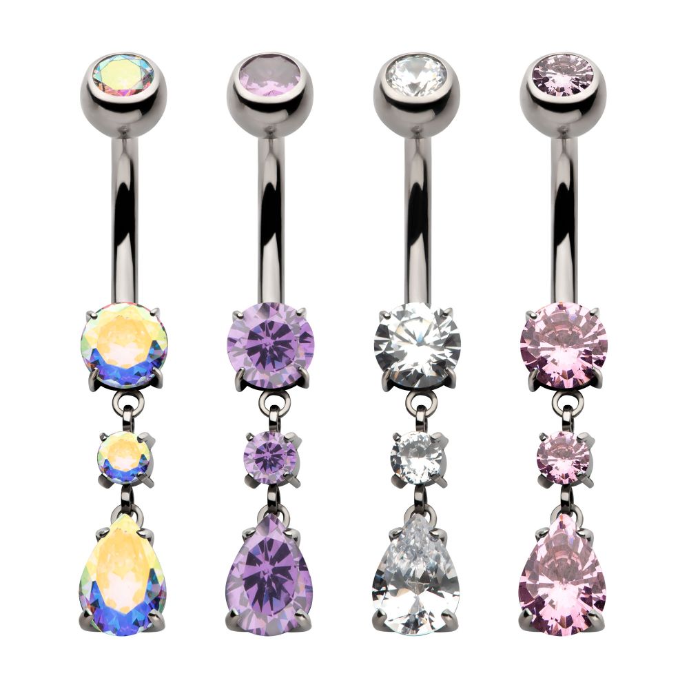 Titanium Internally Threaded Double Dangle Prong Set Round and Teadrop Gem Navel