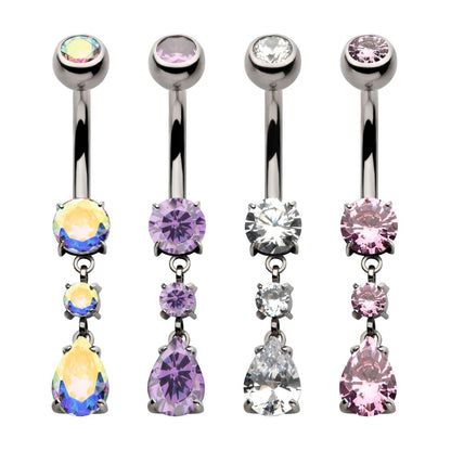 Titanium Internally Threaded Double Dangle Prong Set Round and Teadrop Gem Navel