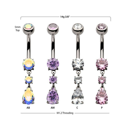 Titanium Internally Threaded Double Dangle Prong Set Round and Teadrop Gem Navel