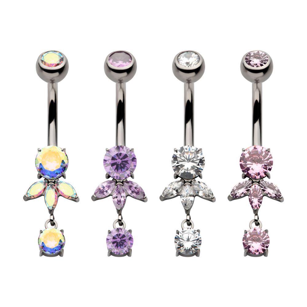 Titanium Internally Threaded Prong Set Round and Triple Marquise Gem Fan Navel with Round Gem Dangle