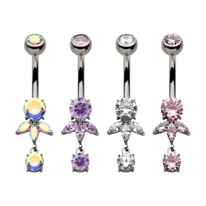 Titanium Internally Threaded Prong Set Round and Triple Marquise Gem Fan Navel with Round Gem Dangle