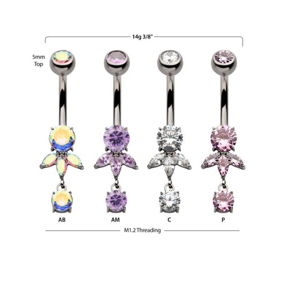 Titanium Internally Threaded Prong Set Round and Triple Marquise Gem Fan Navel with Round Gem Dangle