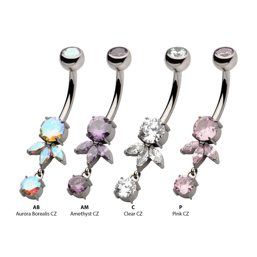 Titanium Internally Threaded Prong Set Round and Triple Marquise Gem Fan Navel with Round Gem Dangle