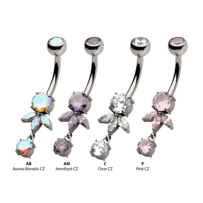 Titanium Internally Threaded Prong Set Round and Triple Marquise Gem Fan Navel with Round Gem Dangle