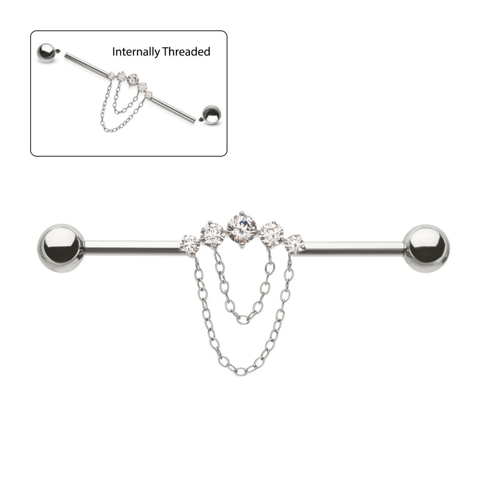 Titanium Internally Threaded 5 Round Prong Set Gem Cluster with 2-Tier Chain & Ball End Industrial Barbell
