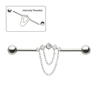 Titanium Internally Threaded 5 Round Prong Set Gem Cluster with 2-Tier Chain & Ball End Industrial Barbell