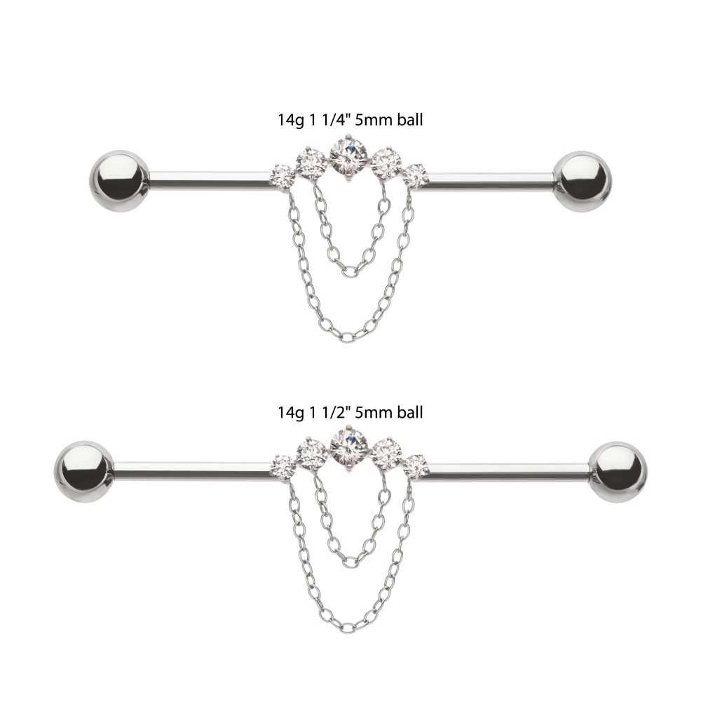 Titanium Internally Threaded 5 Round Prong Set Gem Cluster with 2-Tier Chain & Ball End Industrial Barbell
