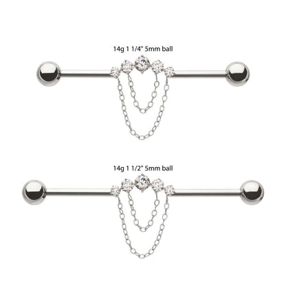 Titanium Internally Threaded 5 Round Prong Set Gem Cluster with 2-Tier Chain & Ball End Industrial Barbell