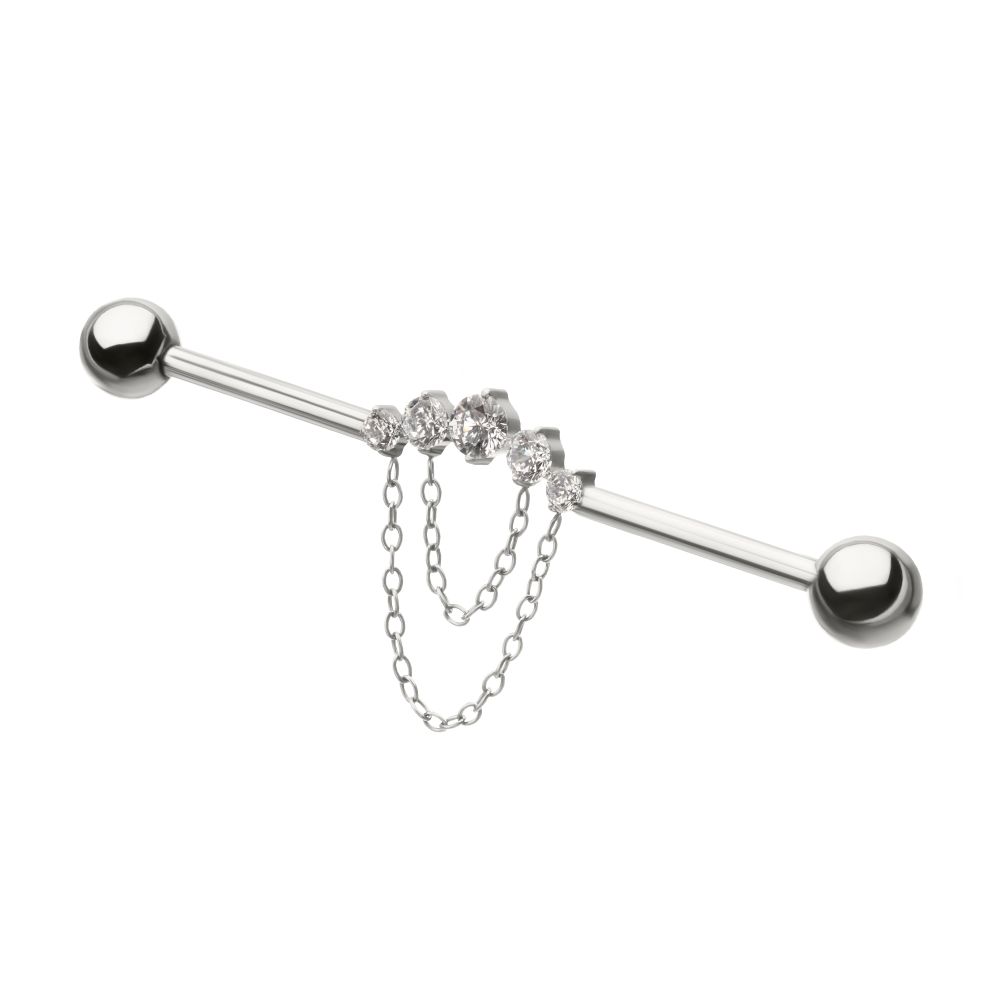 Titanium Internally Threaded 5 Round Prong Set Gem Cluster with 2-Tier Chain & Ball End Industrial Barbell