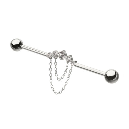 Titanium Internally Threaded 5 Round Prong Set Gem Cluster with 2-Tier Chain & Ball End Industrial Barbell