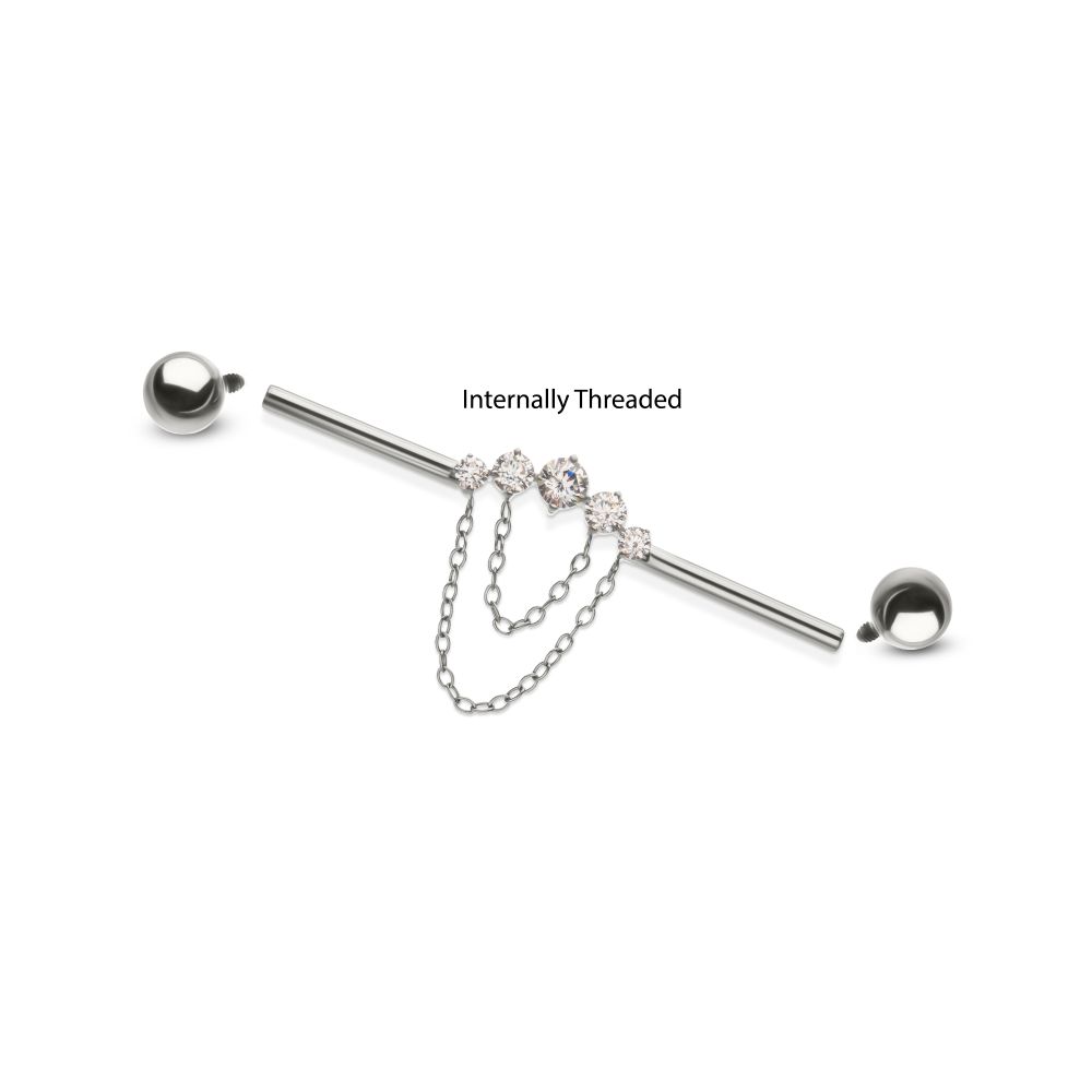 Titanium Internally Threaded 5 Round Prong Set Gem Cluster with 2-Tier Chain & Ball End Industrial Barbell
