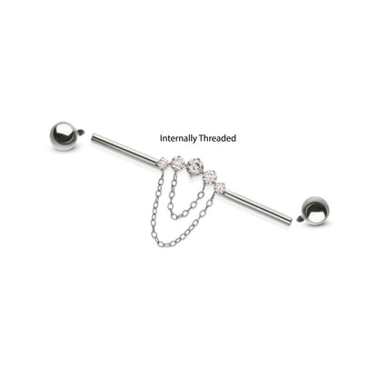 Titanium Internally Threaded 5 Round Prong Set Gem Cluster with 2-Tier Chain & Ball End Industrial Barbell
