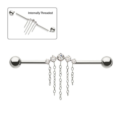 Titanium Internally Threaded 5 Round Prong Set Gem Cluster with 5 Chain Dangle & Ball End Industrial Barbell
