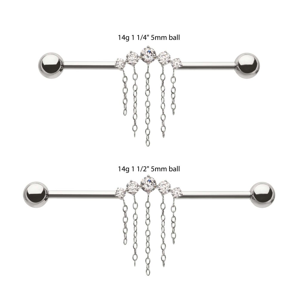 Titanium Internally Threaded 5 Round Prong Set Gem Cluster with 5 Chain Dangle & Ball End Industrial Barbell