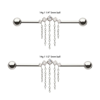 Titanium Internally Threaded 5 Round Prong Set Gem Cluster with 5 Chain Dangle & Ball End Industrial Barbell
