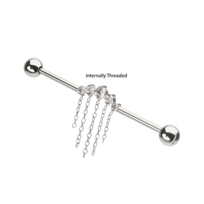 Titanium Internally Threaded 5 Round Prong Set Gem Cluster with 5 Chain Dangle & Ball End Industrial Barbell
