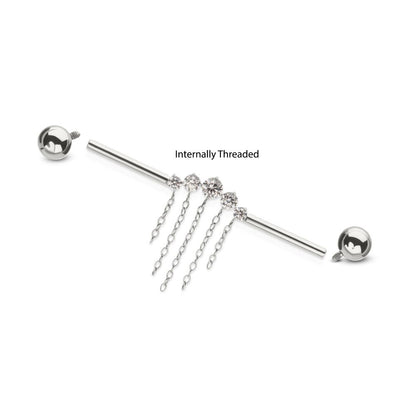 Titanium Internally Threaded 5 Round Prong Set Gem Cluster with 5 Chain Dangle & Ball End Industrial Barbell