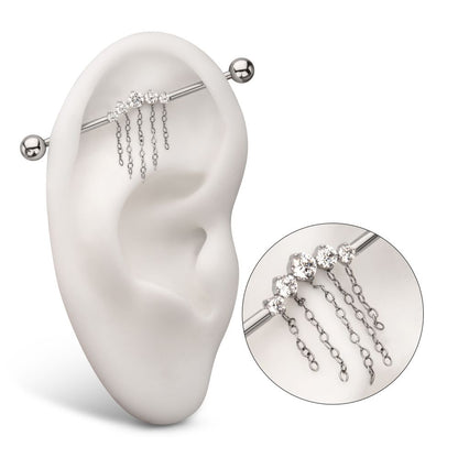 Titanium Internally Threaded 5 Round Prong Set Gem Cluster with 5 Chain Dangle & Ball End Industrial Barbell