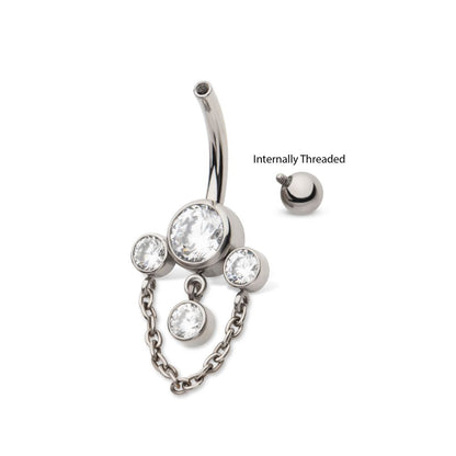 Titanium Internally Threaded Bezel Set Round Gem Fan Navel with Floating Gem and Chain Dangle