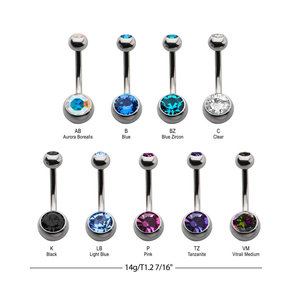 Titanium Internally Threaded with Bezel Set Double Swarovski Crystal Navel Curves