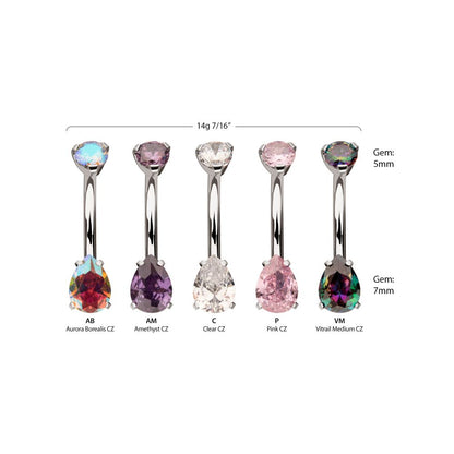Titanium Internally Threaded Double Prong Set Teardrop Gem Fixed Bottom Navel