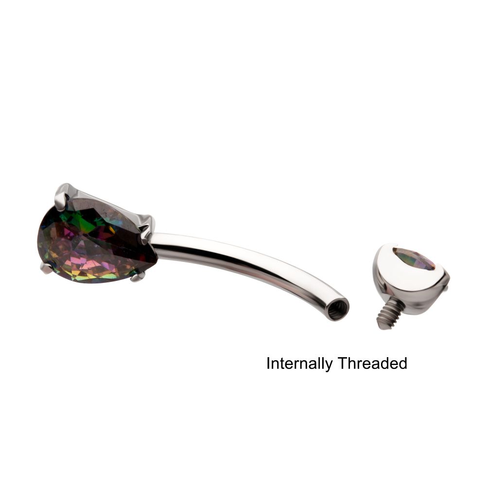 Titanium Internally Threaded Double Prong Set Teardrop Gem Fixed Bottom Navel