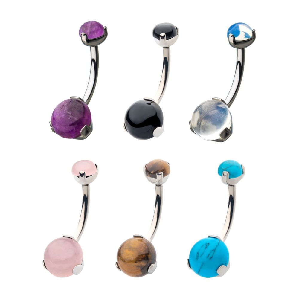 Titanium-Internally Threaded with 3 Prong Set Double Stone Fixed Bottom Navel Ring