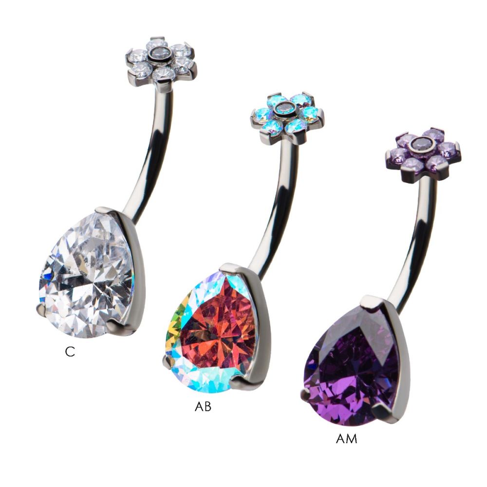 Titanium Internally Threaded with Prong Set AAA CZ & Synthetic Opal Flower Top and Teardrop Bottom Fixed Navel