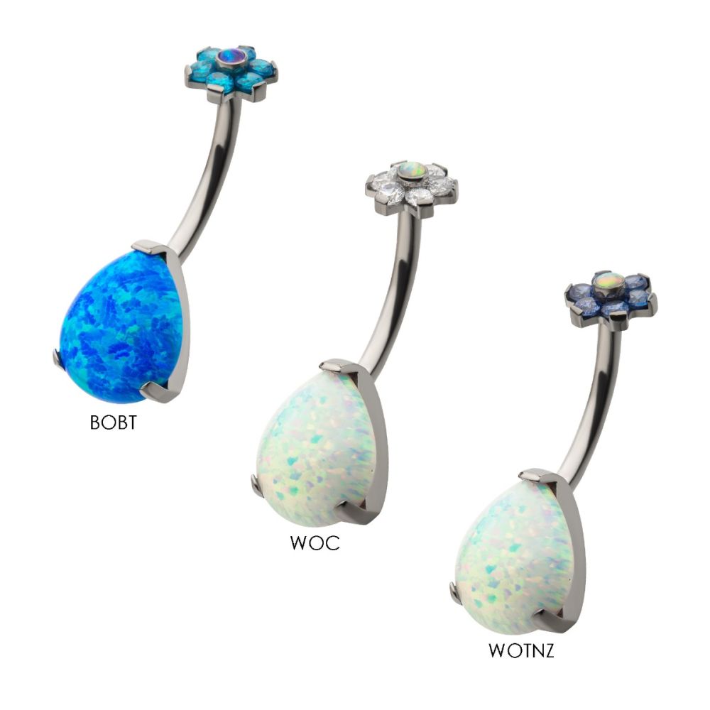Titanium Internally Threaded with Prong Set AAA CZ & Synthetic Opal Flower Top and Teardrop Bottom Fixed Navel