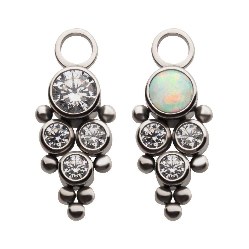 Titanium 7-Bead Bezel Round CZ/Opal 4-Cluster Charm