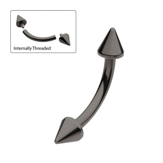 Black PVD Titanium Internally Threaded Spike End Curved Barbell