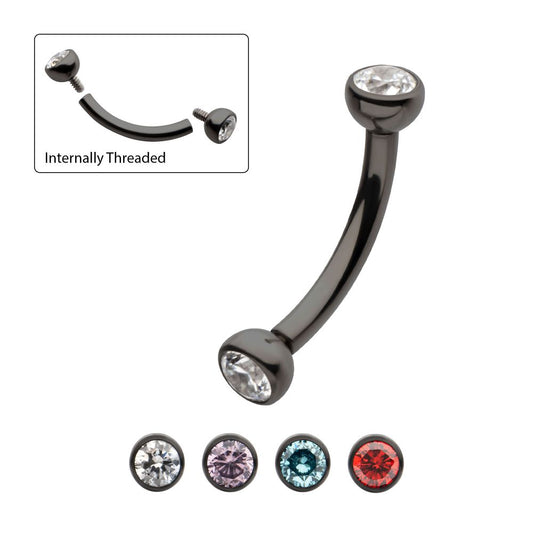 Black PVD Titanium Internally Threaded Double Bezel Gem End Curved Barbell
